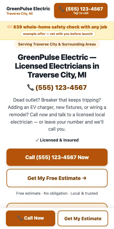 Example website the engine built for a fictional electrician in Traverse City, MI