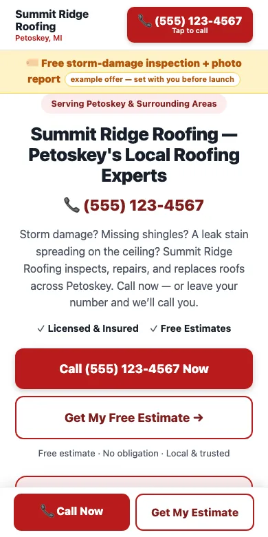 Example website the engine built for a fictional roofing company in Petoskey, MI